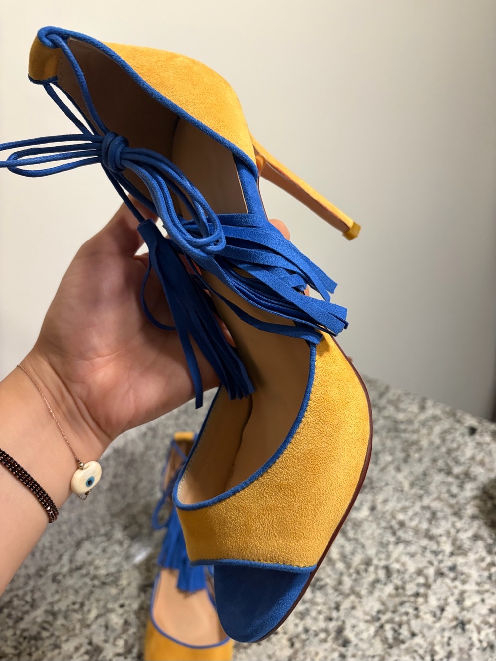 Women's Two-Tone Yellow & Blue Suede High Heel Sandals